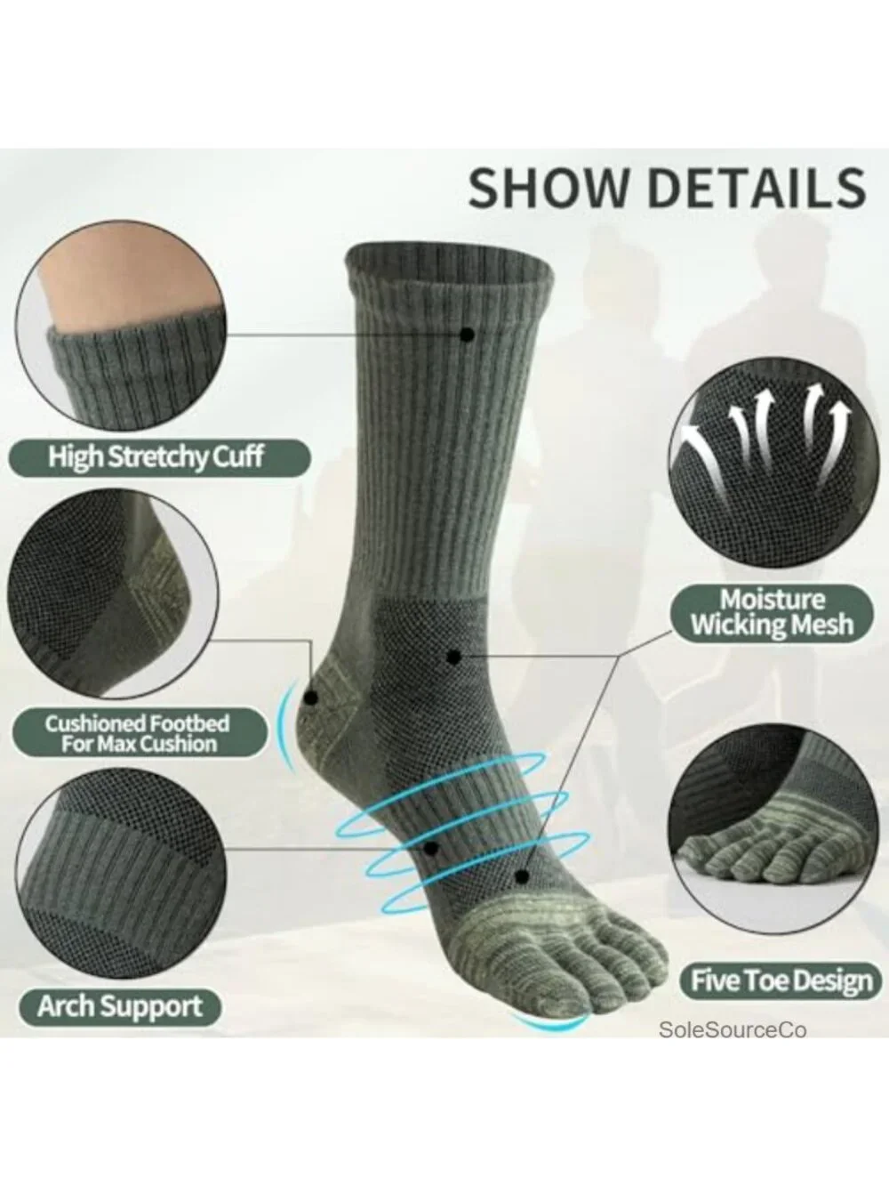 Merino Wool Toe Socks for Hiking Men Women, Crew Five Finger Socks